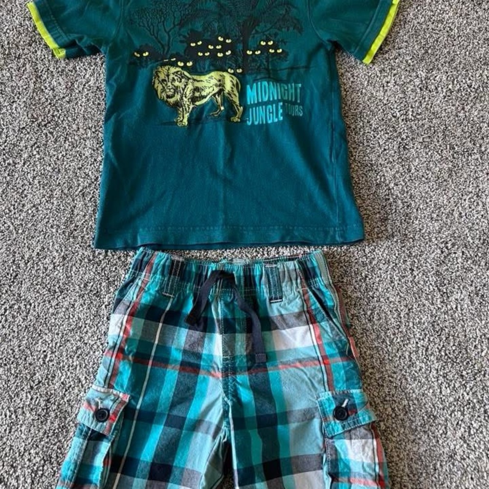 Gymboree Teal Jungle Graphic Tee and Plaid Shorts Set